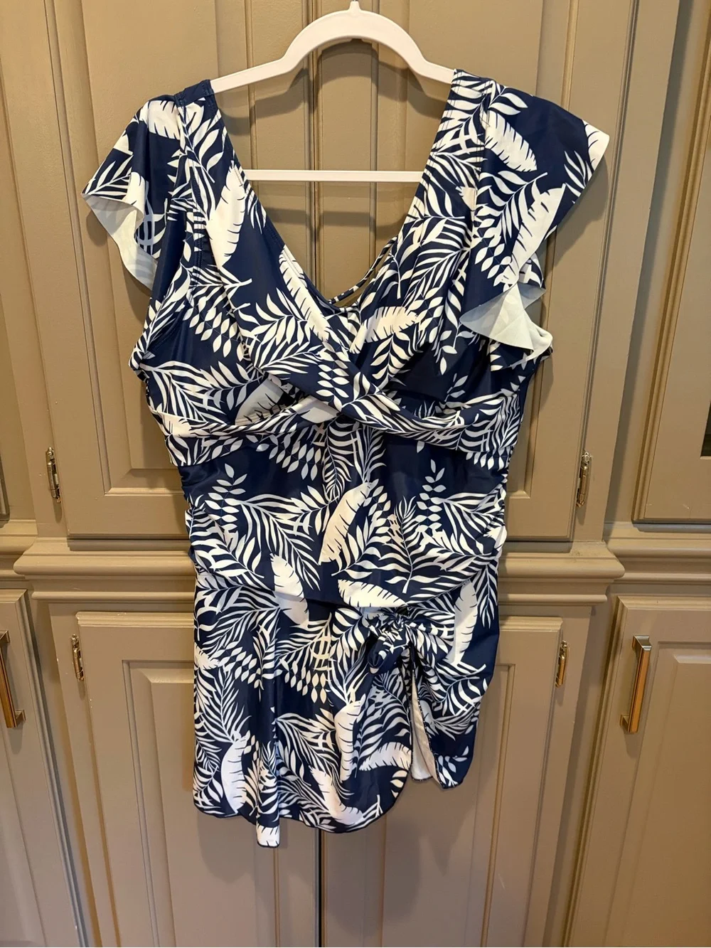 Navy & White Tropical Leaf One-Piece Swim Dress - Picture 7 of 7